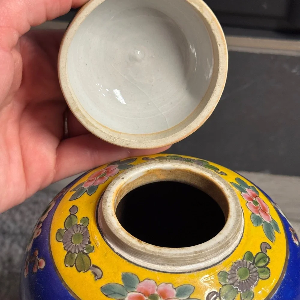 Vintage Made in Japan‎ Ginger Jar Cobalt Blue Yellow Parrot Cherry Blossom 6.5